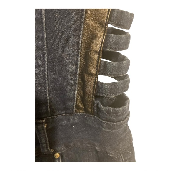 Retro Dark Blue Denim Romper M Chic Faux Leather Trim Side Cutout Full Front Zip - Picture 12 of 15